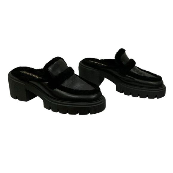 Stuart Weitzman Soho Chill Suede Shearling Loafer Mule Black 9.5B Platform - Picture 3 of 12